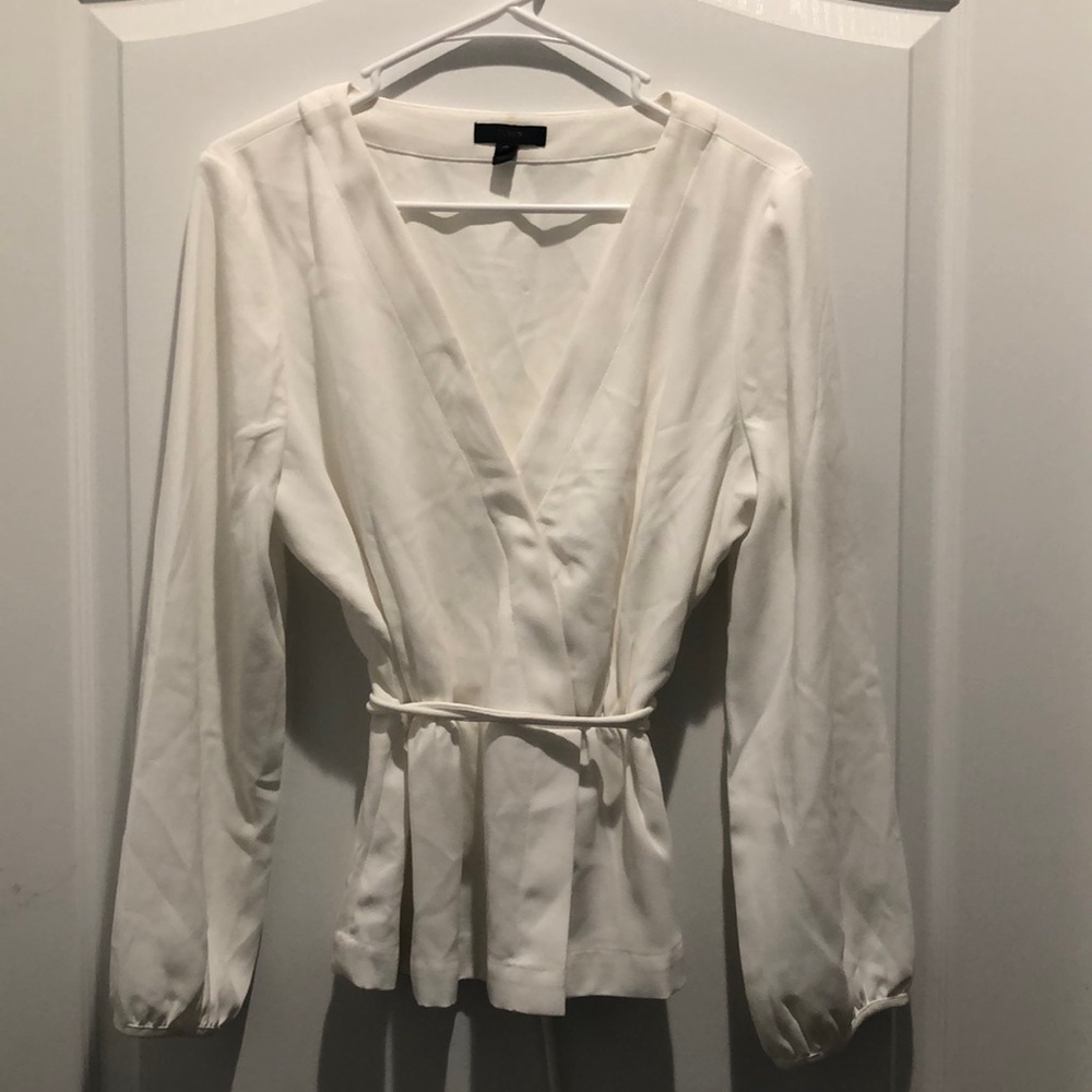 Jcrew drapery crepe faux wrap white side zipper v front blouse size 14